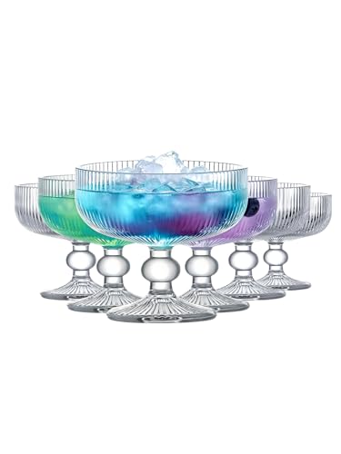 Martini Glasses Set of 6, 320ml Ribbed Cocktail Glasses with Stem, Vintage Coupe Glasses for Espresso Martini, Margarita, Champagne & Dessert, Dishwasher Safe