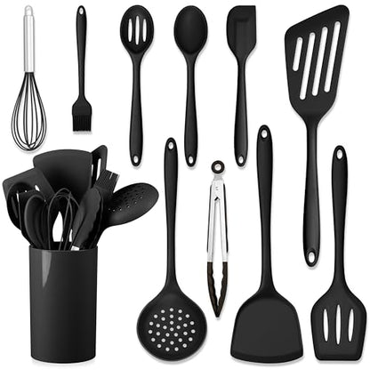 HaWare 11 PCS Silicone Cooking Utensils Set, Black | Heat Resistant, Kitchen Utensils with Holder, Food-grade Spatula Sets for Nonstick Cookware, Include Fish Turner, Spoon - color: Black