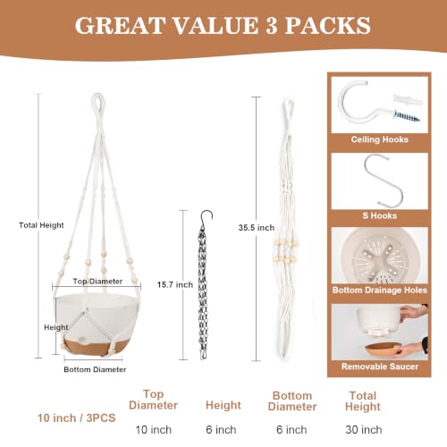 Self Watering Hanging Planter, 3 Pack 10 Inch Macrame Plant Hanger with Flower Pot, Metal Chain, S & Ceiling Hooks, Drainage Holes, Removable Saucer, Hanging Basket Holders for Indoor Plants - White - color: White