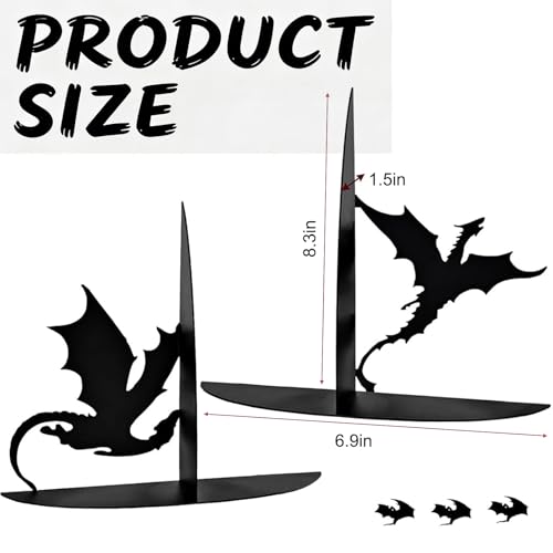 Dragon Metal Bookends for Shelves, Gothic Black Metal Decorative Book Ends, Heavy Duty Book Stoppers for Home Office Desk, Ideal Gift for Dragon Lovers & Book Lovers - style: Dragon