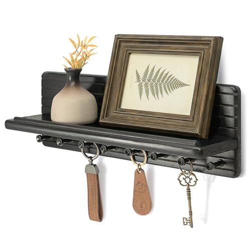Rebee Vision Key Holder Wall Mount for Modern Living Room Wall Decor, Black | Pine Wood, Decorative Key Rack with Wall Shelf for Letters, Mail Holder, Ideal for Displaying Plant, Entryway Organization - color: Black