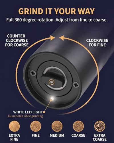Rechargeable Electric Salt & Pepper Grinder Set, Charging Base, 2-Pk | Adjustable coarseness, large capacity, LED grind light, ceramic core, no batteries needed. Great kitchen gift.