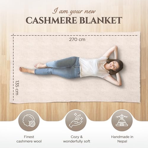 Cashmere Blanket – Hand Woven 100% Pure Wool Throw Blanket, 135 x 270 cm – Plain Cozy, and Soft Blanket for Bed, Sofa, or Couch - Made in Nepal - color: White Grey