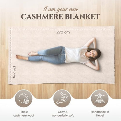 Cashmere Blanket – Hand Woven 100% Pure Wool Throw Blanket, 135 x 270 cm – Plain Cozy, and Soft Blanket for Bed, Sofa, or Couch - Made in Nepal - color: White Grey