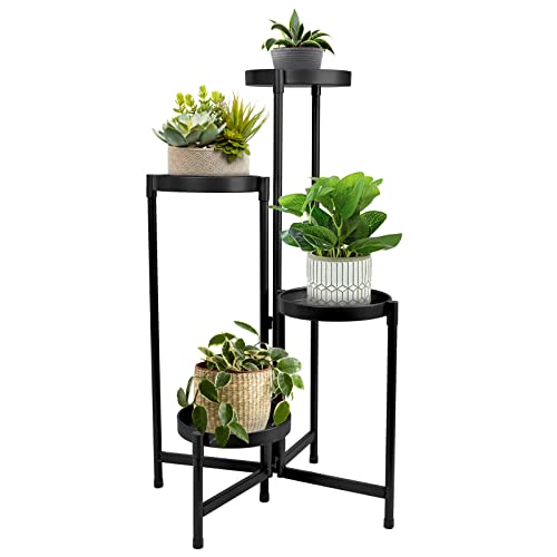 4 Tier Plant Stand Indoor Outdoor, 31 Inch Tall Metal Plant Shelf Waterproof, Plant Holder with Folding Design For Home, Living Room, Black - color: Black
