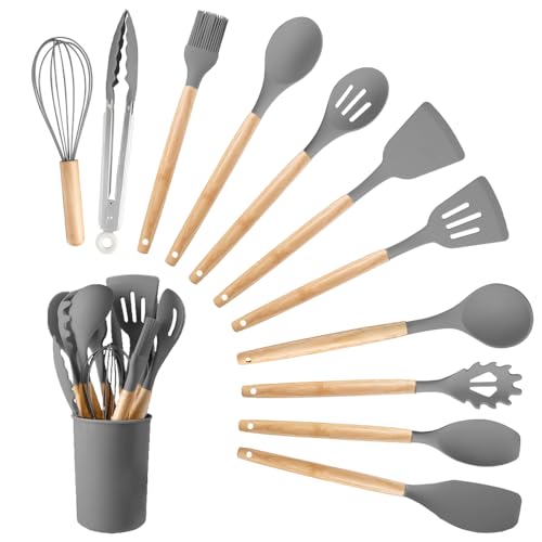 Silicone Cooking Utensils Set, 12Pcs Large Heat Resistant Kitchen Utensils, Turner Tongs, Spatula, Spoon, Wooden Handle Kitchen Gadgets with Holder for Nonstick Cookware, Dishwasher Safe (Grey) - color: Gray