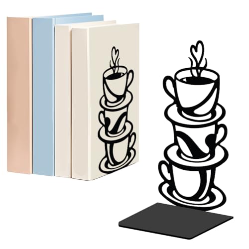 WADORN 1 Pair Coffee Cup Metal Decorative Bookend for Shelves, Heavy Duty Book Ends Non-Skid Books Holder Stand Black Book Support Stopper for Coffee Books Desk Bookshelf Office Home, 5.3x4.3x7.9 Inch - color: Coffee Cup
