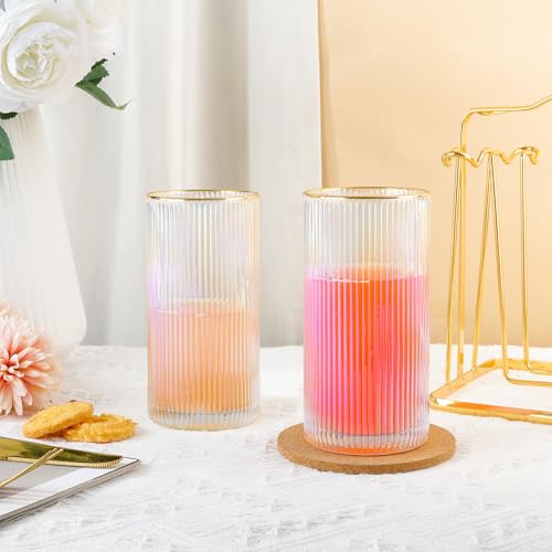 Joeyan Iridescent Gold Rim Ribbed Highball Glasses Set of 2, 12oz Hand Blown Crystal Drinking Glass Tumbler for Cocktail, Iced Coffee, Juice, Water, Soda, Tall Glassware for Kitchen Bar & Home Use - color: Iridescent highball glasses