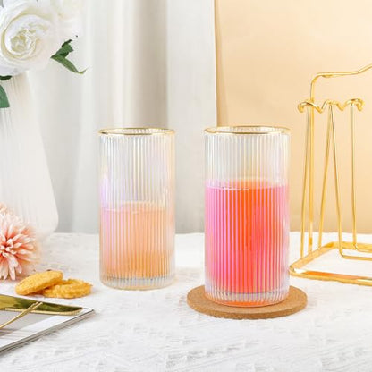Joeyan Iridescent Gold Rim Ribbed Highball Glasses Set of 2, 12oz Hand Blown Crystal Drinking Glass Tumbler for Cocktail, Iced Coffee, Juice, Water, Soda, Tall Glassware for Kitchen Bar & Home Use - color: Iridescent highball glasses