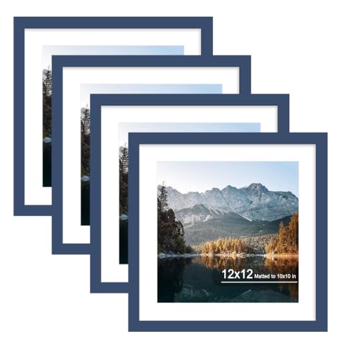 12x12 Picture Frame Set of 4 with Real Glass, Wall & Tabletop Display | Fits 10x10 with Mat or 12x12 without Mat, Crystal-Clear Viewing for Family Photos and Gallery Walls, Blue - color: Blue, size: 12x12 in