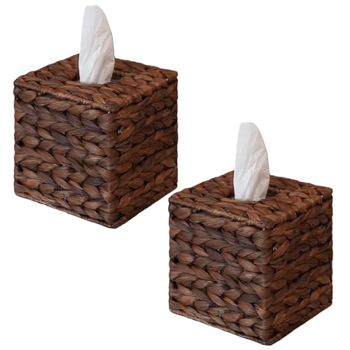 Set of 2 Water Hyacinth Handwoven Tissue Box Cover, Handcrafted Square Facial Tissue, Natural Handmade Wicker Napkin Box Holder, Rustic Decorative on Bathroom, Table, Office, Boho Decorative, Coffee - color: Coffee, size: Set of 2