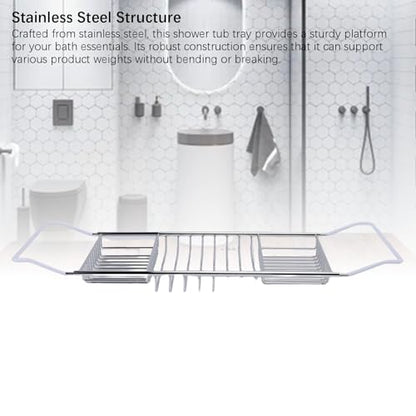 Bewinner Gold Stainless Steel Expandable Bathtub Caddy Tray, Adjustable Shower Tub Tray 25-38.4 Inch, Over The Bathtub Rack for Luxury Bath, Heavy Duty Bathroom Accessories for (Silver) - color: Silver