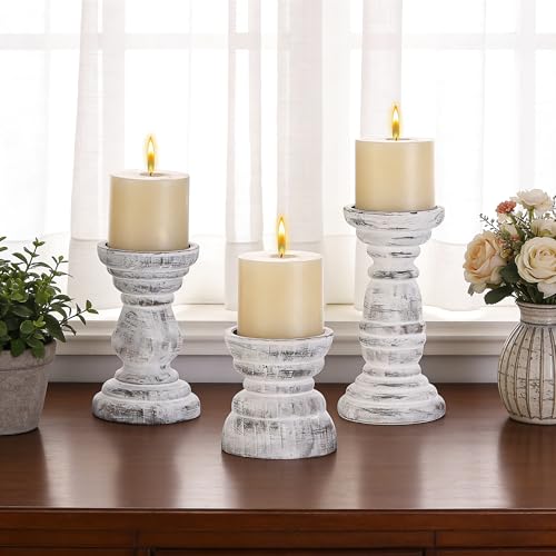 Rustic Wooden Pillar Candle Holders Set of 3 in Distressed White, Florence Style, Farmhouse Wooden Candle Holder, Wooden Candle Stand, Small Wooden Candlestick Holders, Living Room, Table Centerpiece