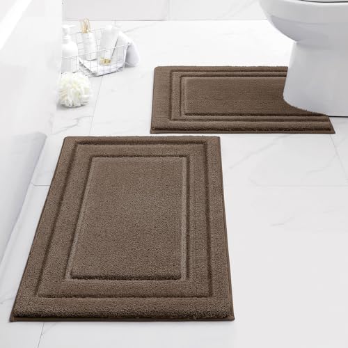 HOMEIDEAS Bathroom Rugs Sets 2 Piece, Super Soft and Absorbent Non Slip Microfiber U-Shaped Toilet Bath Mat Set (20"x32"+U20 x24, Brown) - color: Loop- Brown, size: 1'8" x 2'8" (20"x32"+U Shape 20"x24")