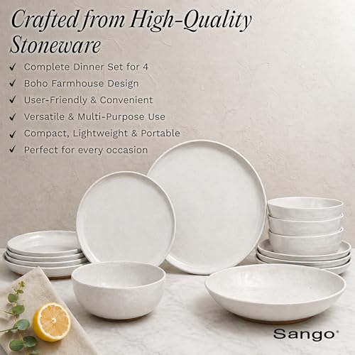 Sango 16-Piece Boho Farmhouse Stoneware Dinnerware Set for 4, Semi-Matte White Plates and Bowls Sets with Rustic Speckled Glaze, Ceramic Dish Set, Modern Dishes, Microwave & Dishwasher Safe, Kaya - color: White