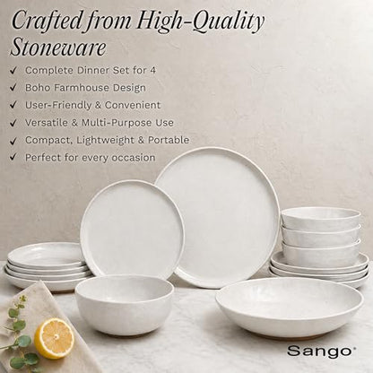 Sango 16-Piece Boho Farmhouse Stoneware Dinnerware Set for 4, Semi-Matte White Plates and Bowls Sets with Rustic Speckled Glaze, Ceramic Dish Set, Modern Dishes, Microwave & Dishwasher Safe, Kaya - color: White