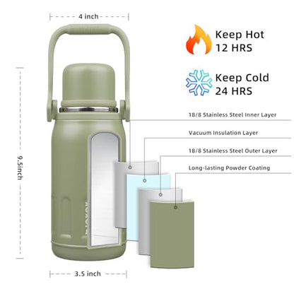 BJPKPK Stainless Steel Insulated Bottle with Handle & Strap, 27oz | Leak-proof vacuum insulation keeps drinks cold/hot for hours. BPA-free, dishwasher safe. Includes handle & strap. Army Green. - color: Army Green, size: 27 Ounces
