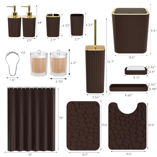 XLHOMO Bathroom Accessories Set - 25PC Brown Bathroom Sets with Shower Curtain and Rugs, Bathroom Accessory Set, Brown Shower Curtain Set, Trash Can, Qtip Holder Dispenser & Soap Dispenser - size: Bath Set+Shower Curtain+Rugs, style: Brown&Gold