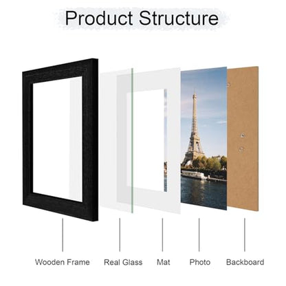 iRahmen 6x8 Picture Frame with Mat 4x6 - High Definition Real Glass Wooden Photo Frames for Tabletop Display and Wall Mounting (Black Woodgrain, Set of 4) - color: Black Woodgrain, size: 6X8