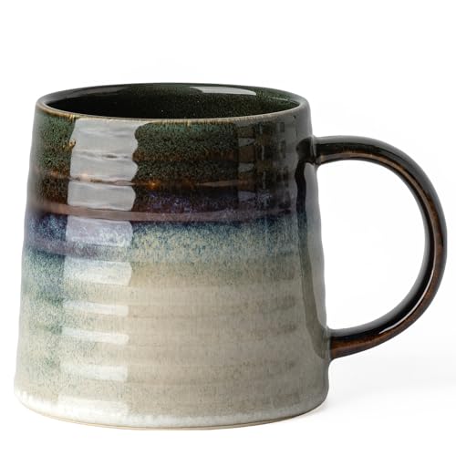 15.5oz Large Heavyweight Ceramic Mug, Reactive (Green-Black) | 15.5oz Medium-Large, Heavy Weighted Stoneware, Reactive Transmutation Glaze, Microwave & Dishwasher Safe, Gift Box - color: Green Black
