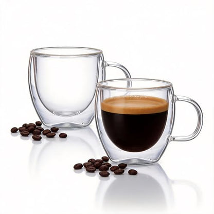 Double Wall Insulated Espresso Shot Cups 5.4 OZ Set of 2, Small Clear Borosilicate Glass Demitasse Coffee Mugs with Handles