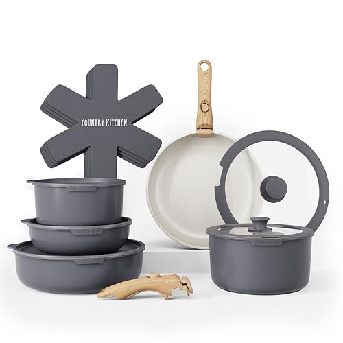 Country Kitchen Cookware Set with Removable Handle, Oven & RV Safe Pots and Pans Set, Grey/Ivory Wood Handle, Original - color: Grey/Ivory Wood Handle, size: Original