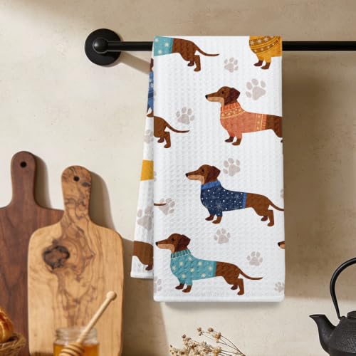 Cute Dog Kitchen Towels, Dachshund Decorative Absorbent Soft Microfiber Dish Cloth Tea Towel, Paw Print Durable Hand Towels for Kitchen Home Bathroom, Dog Lover Gifts for Women - color: Lm 350