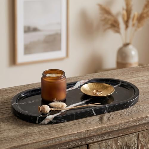 YKAJO Nero Marquina Oval Marble Tray, 11.8x5.9 Vanity Perfume Organizer | Honed natural stone; jewelry & trinket dish, ring & key holder, soap & candle catchall; bath counter, dresser, coffee table - color: Nero Marquina, size: 11.8" x 5.9" x 0.6"