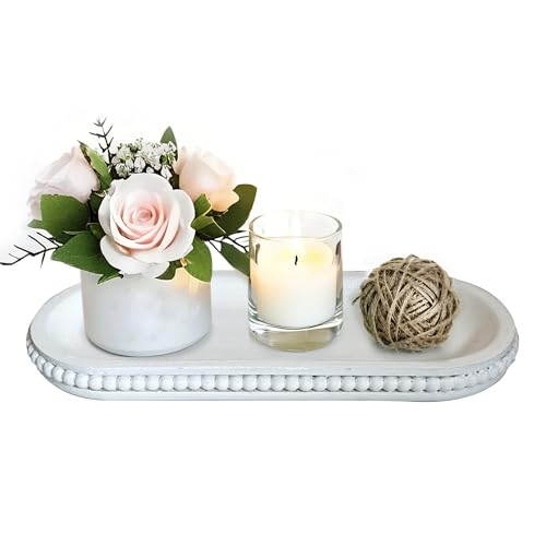 Wooden Farmhouse Decorative Tray, 12in Rustic Beaded Tray for Living Room Decor, Kitchen Table Décor, Oval Coffee Table Serving Tray (White) - color: White