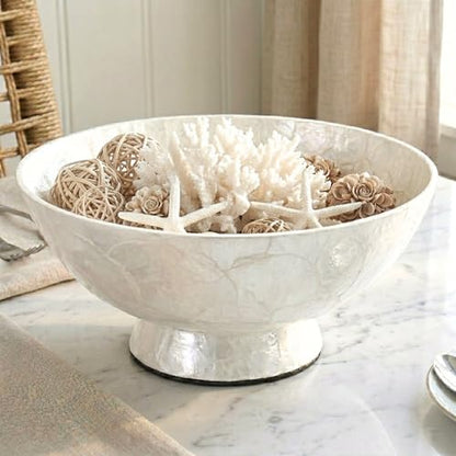 11” White Capiz Shell Decorative Bowl, Large Footed Centerpiece Bowl for Kitchen Island Decor, Modern Farmhouse Fruit Bowl for Entryway & Home Décor Accents