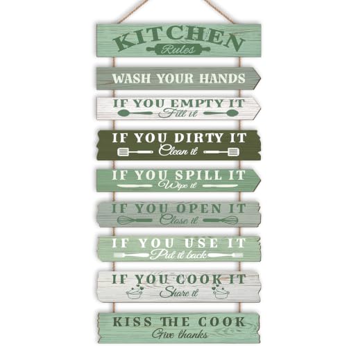 Kitchen Wall Decor Funny Kitchen Signs Kitchen Rules Pictures Wall Art Decor Rustic Farmhouse Western Kitchen Decor Wooden Sign (Green) - color: Green