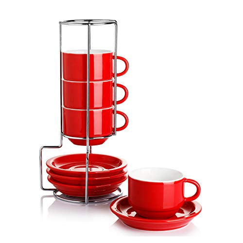 Sweese 2.5 Ounce Porcelain Stackable Espresso Cups with Saucers and Metal Stand Set of 4, Red - color: Red, size: 2.5 Ounces