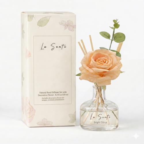 Bright Citrus Reed Diffuser Set 8.5oz / 250ml | Decorative Flower & Natural Reeds, Long-Lasting Flameless, Home Fragrance for Bathroom, Bedroom, Office, & Gifts - color: Golden Citrus