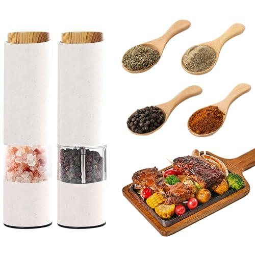 MEHIDFY Electric Salt and Pepper Grinder Set, 2 Pack Salt and Pepper Grinder Battery Operated, One-Handed Automatic Salt and Pepper Mill Grinder with LED Light, Adjustable Coarseness (White)