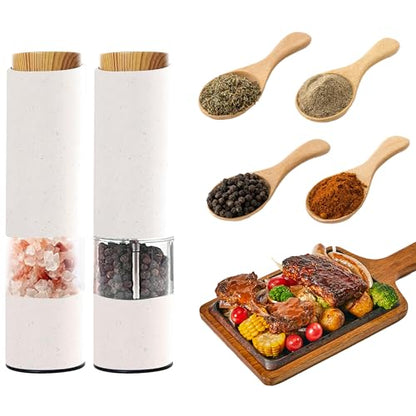 MEHIDFY Electric Salt and Pepper Grinder Set, 2 Pack Salt and Pepper Grinder Battery Operated, One-Handed Automatic Salt and Pepper Mill Grinder with LED Light, Adjustable Coarseness (White)