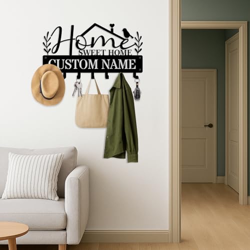 NIWAHO Home Sweet Home Custom Name Key Holder for Wall – Personalized Metal Key Rack with Hooks for Entryway, Mudroom, Office – Housewarming Gift - color: Home Sweet Home