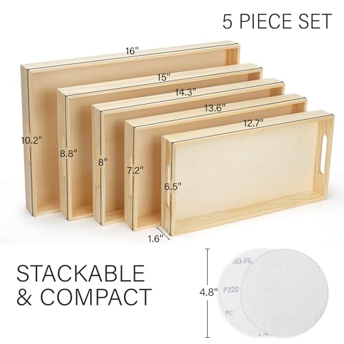 LotFancy Wooden Nested Serving Trays, Set of 5, for Craft and Decor | Unfinished Natural Wood Trays with Handles, Food Organizer for Breakfast, Lunch, Dinner - size: 16.125" x 10.125" x 1.5"