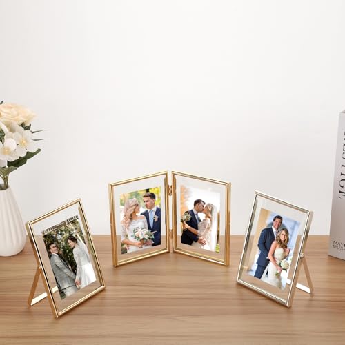 Gold 5x7 Double Floating Frame for Photo Sizes(3.5x5'',4x6''),Classy Metal Rounded Edge Frame Adjustable Tabletop/Shelf Photo Frame,for Wedding,Christmas,Birthady,Home or Office Decor. - size: 5x7'' (Double)