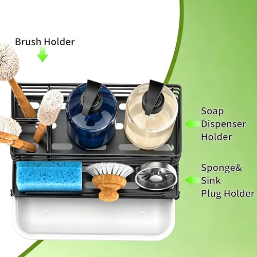 Cisily Sponge Holder for Kitchen, Sink Caddy Organizer, Kitchen Sink Accessories with Drip Tray, Rustproof and Non-slip Kitchen Sink Sponge Holder (Black) - color: Black
