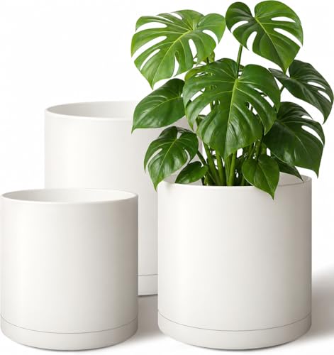 Giraffe Creation Cylinder Plant Pots 12/10/8 Inch Set of 3, Modern Round Planters with Drainage Holes and Saucers, Durable Plastic Flower Pots, White - color: White 12/10/8 Inch