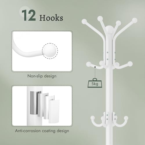 FAVOOSTY Coat Rack Freestanding,Coat Rack Stand with Umbrella Holder,Metal Coat Tree with 12 Hooks,Tree Clothes Hat for Entryway, Hallway, Bedroom, Living Room & Office -White - color: White