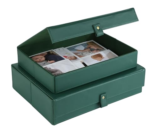 HofferRuffer Photo Storage Boxes with Dust-Proof Lid, Set of 2 Faux Leather Lidded Storage Bins, Photo, Jewelry, Scrapbooking Supplies, Keepsake Organizer for Elegant Home & Office Decor (Green) - color: Green