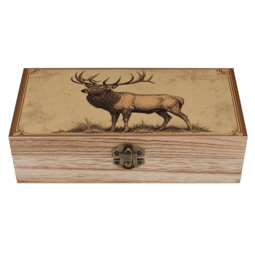 Vintage Elk Deer Illustration Wooden Storage Box Organizer Decorative Keepsake Memory Box Rustic - color: Vintage Elk Deer Illustration