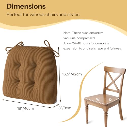 Anti Slip Kitchen Chair Cushions Set of 4 18"X16.5"X3" Khaki | Elegant Breathable Textured Fabric, with Ties, Tufted, Thick Polyester Filling, for Dining Chairs, Folding Chairs, Office - color: Khaki