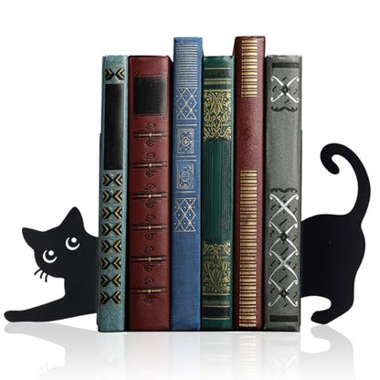 Stretching Black Cat Book Ends for Shelves Decor Set of 2 Styles | Book Shelf Accessories, Metal, Book Stopper for Office Home, Cute Cat Design, Gift for Cat Lovers and Kids - style: Stretching Cat