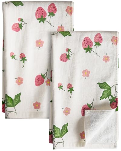 Cotton Kitchen Towels Set of 2, 16x26 Inch, Strawberry | Soft & Absorbent, Hanging Loop, Quick Dry Hand Towel, Cute Dish Towel, Decorative Terry Cloth Tea Towel, Housewarming Gift - color: Strawberry