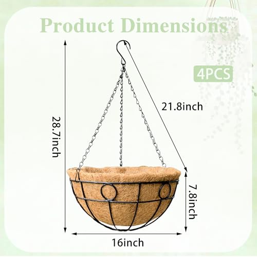 EIMQUVW Outdoor Hanging Planter(4-Pack) Black Metal Hanging Baskets with Coconut Fiber Lining 16 inch Round Chain Flower Pots for Patio Garden Greenery Decoration - size: 16 Inch, style: Circular