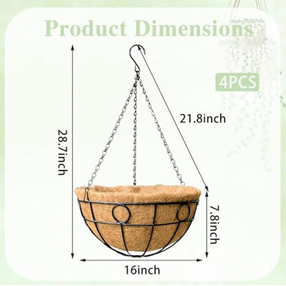 EIMQUVW Outdoor Hanging Planter(4-Pack) Black Metal Hanging Baskets with Coconut Fiber Lining 16 inch Round Chain Flower Pots for Patio Garden Greenery Decoration - size: 16 Inch, style: Circular