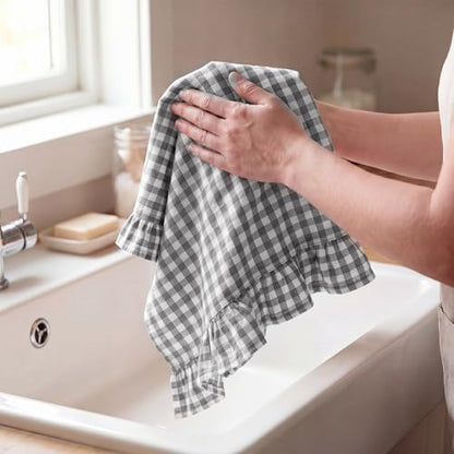 HunnmingRe Gray Kitchen Towels Set of 2, 100% Cotton Ruffled Gingham Dish Towels 18"x28" Tea Cloths Classic Plaid Pattern for Farmhouse Charm, Drying Dishes, Entertaining Guests - color: Gray, style: Gingham