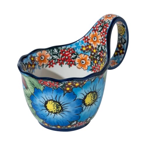 ALMA Handpainted Blue Floral Soup Bowl with Handle, 16oz Loop Handle Bowl | Microwave &Dishwasher Safe,Handle not Get Hot,Great for Soup, Chili, Stew, Ice cream,Bowl For Solo Morning Routine - color: Roman Garden